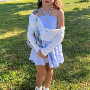 BCBG light blue & white pin-stripe halter dress